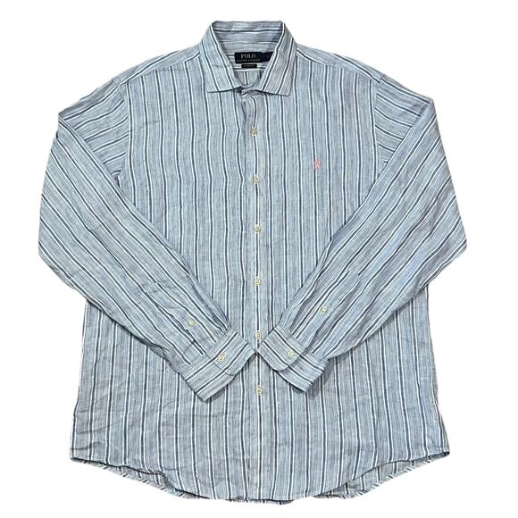 Polo Ralph Lauren Mens Linen Long Sleeve Blue Striped Button Up Shirt Size Large - Picture 1 of 6